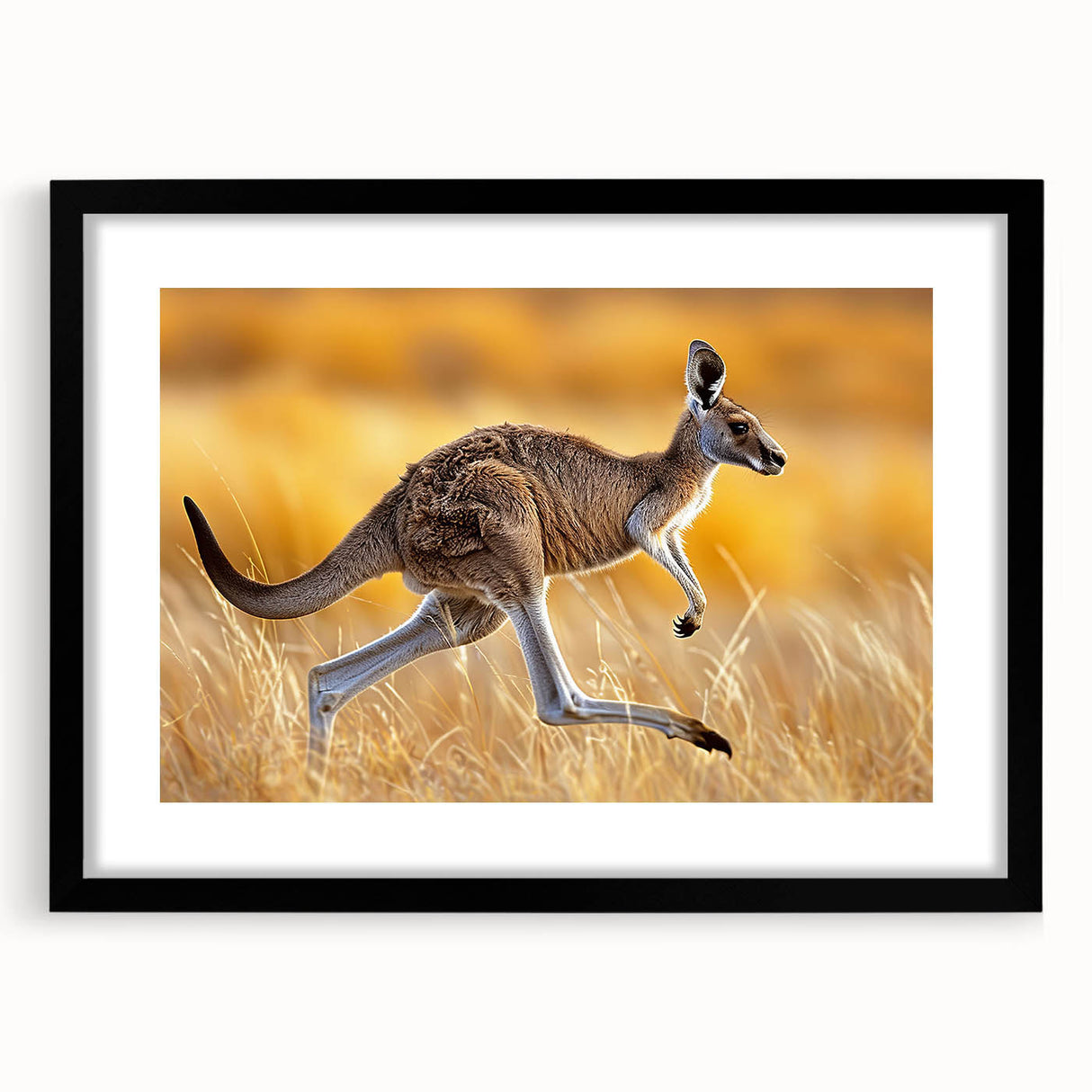 Wall art featuring a vibrant kangaroo design in a black frame with a mat, showcasing wildlife aesthetics perfect for nature-inspired decor.