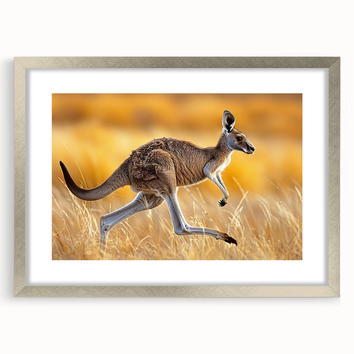 Kangaroo-themed wall art collection featuring a silver frame and mat, showcasing a vibrant design of a kangaroo in a natural setting, perfect for wildlife enthusiasts.