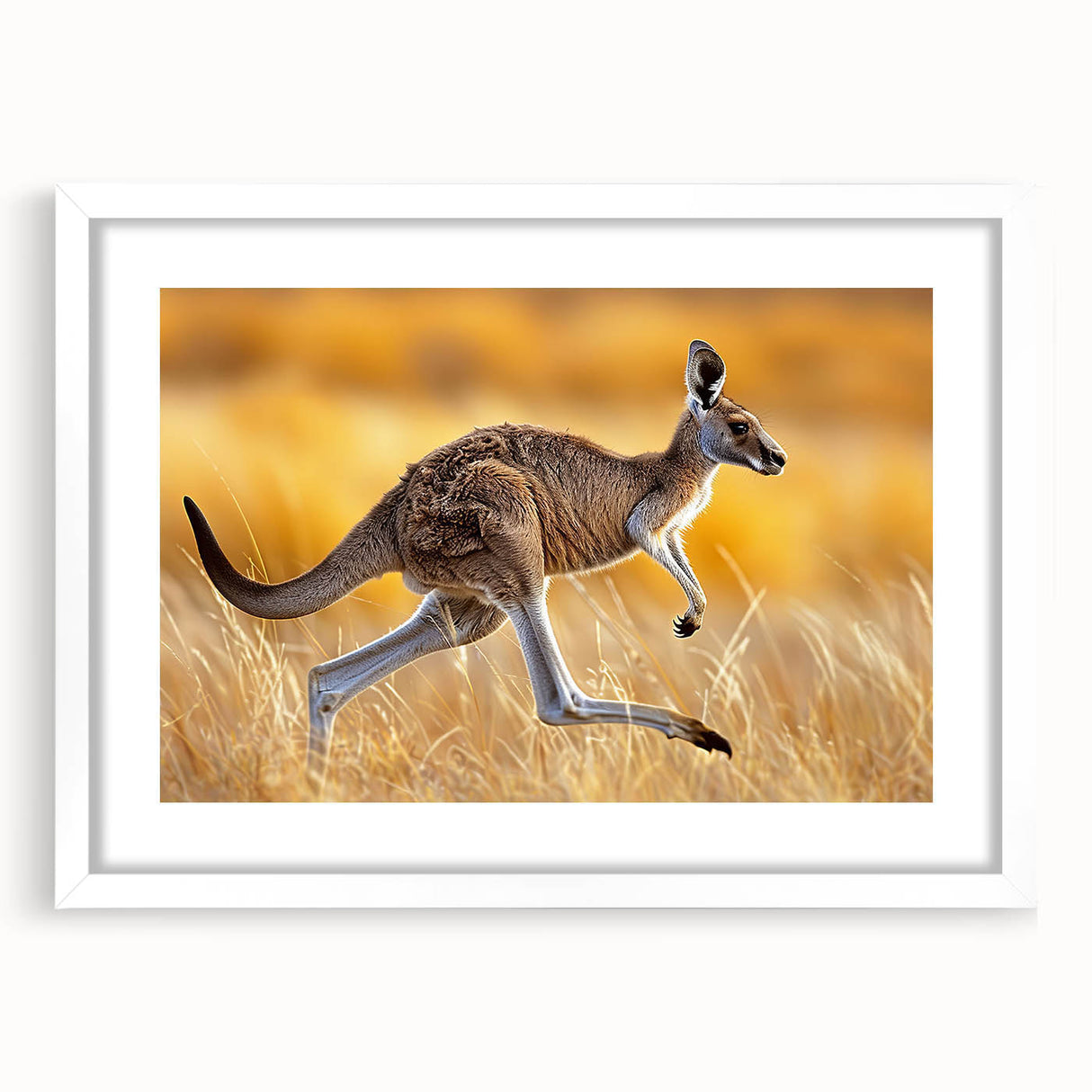 Framed wall art showcasing a kangaroo design, featuring a white mat and sleek frame, perfect for adding a touch of wildlife decor to any room.