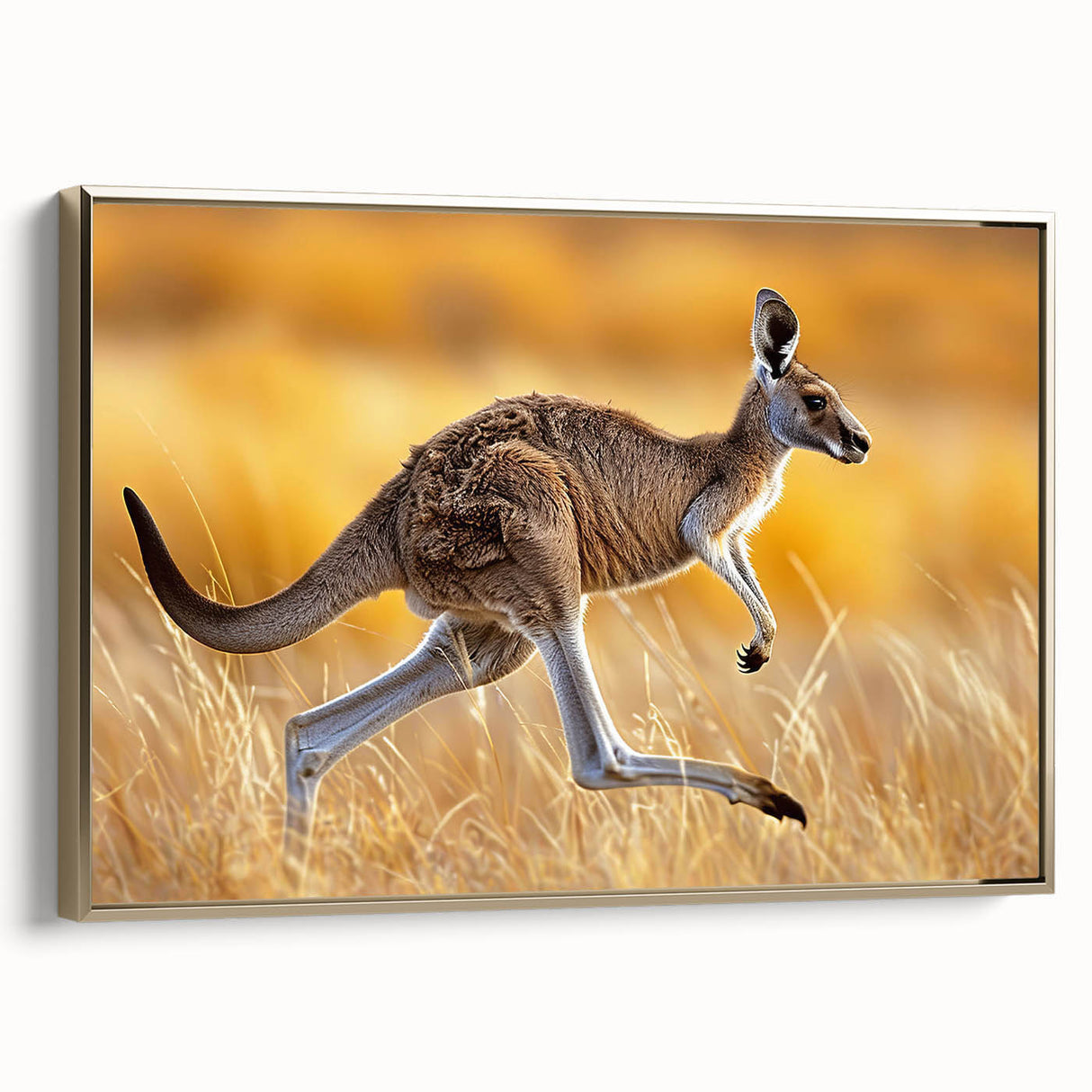 Framed canvas wall art featuring a sleek gold-bordered design of a kangaroo in a natural setting, perfect for adding a touch of wildlife elegance to home decor.