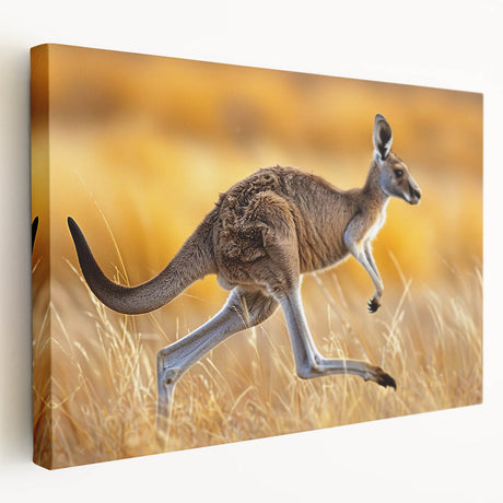 Side view of a kangaroo-themed stretched canvas wall art piece from the Animals A Wild Life collection, showcasing vibrant colors and intricate detailing, perfect for wildlife enthusiasts.