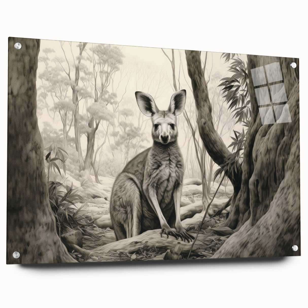 Side view of a kangaroo-themed wall art collection displayed in acrylic glass, featuring vibrant colors and unique design elements, perfect for animal lovers' decor.