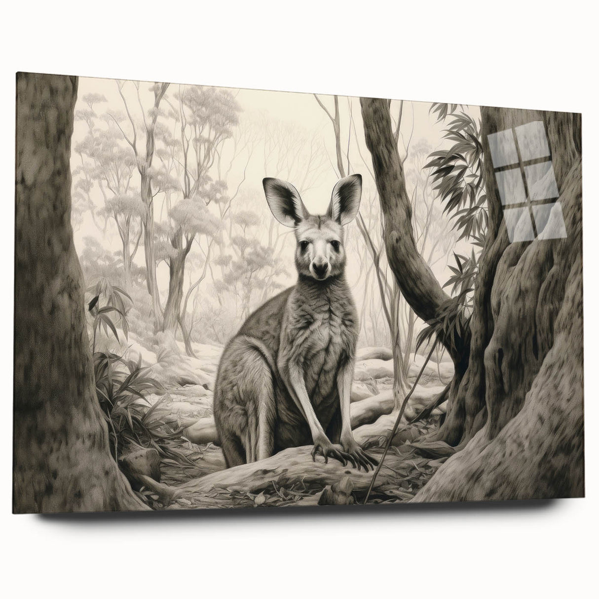 Side view of an acrylic glass wall art piece showcasing a kangaroo design, part of the 'Animals - A Wild Life' collection, ideal for nature-themed decor. This vibrant artwork features rich colors and intricate details, perfect for enhancing any living space or office.