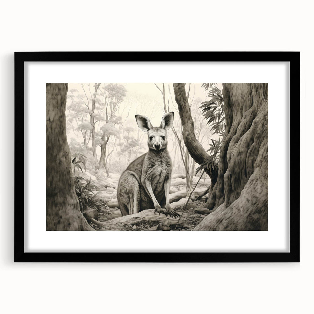 Kangaroo-themed wall art collection featuring an elegant black frame and mat, showcasing vibrant wildlife design ideal for home decor. Perfect for nature enthusiasts.