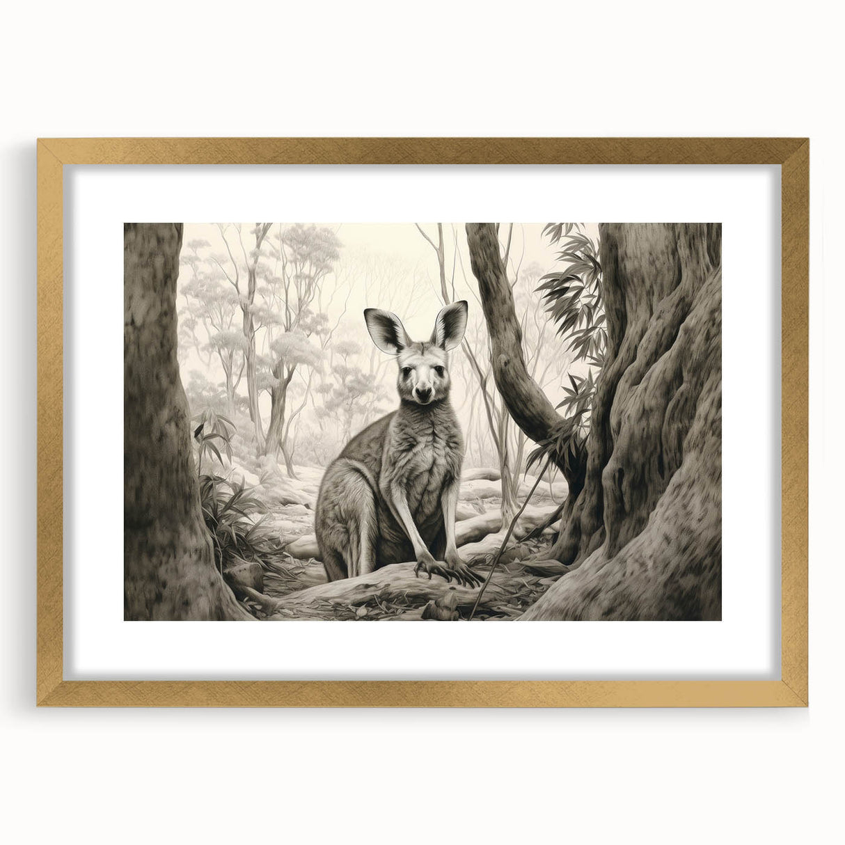 Kangaroo-themed wall art collection featuring a gold-framed design with a mat, showcasing wildlife aesthetics perfect for home decor. Ideal for animal lovers.