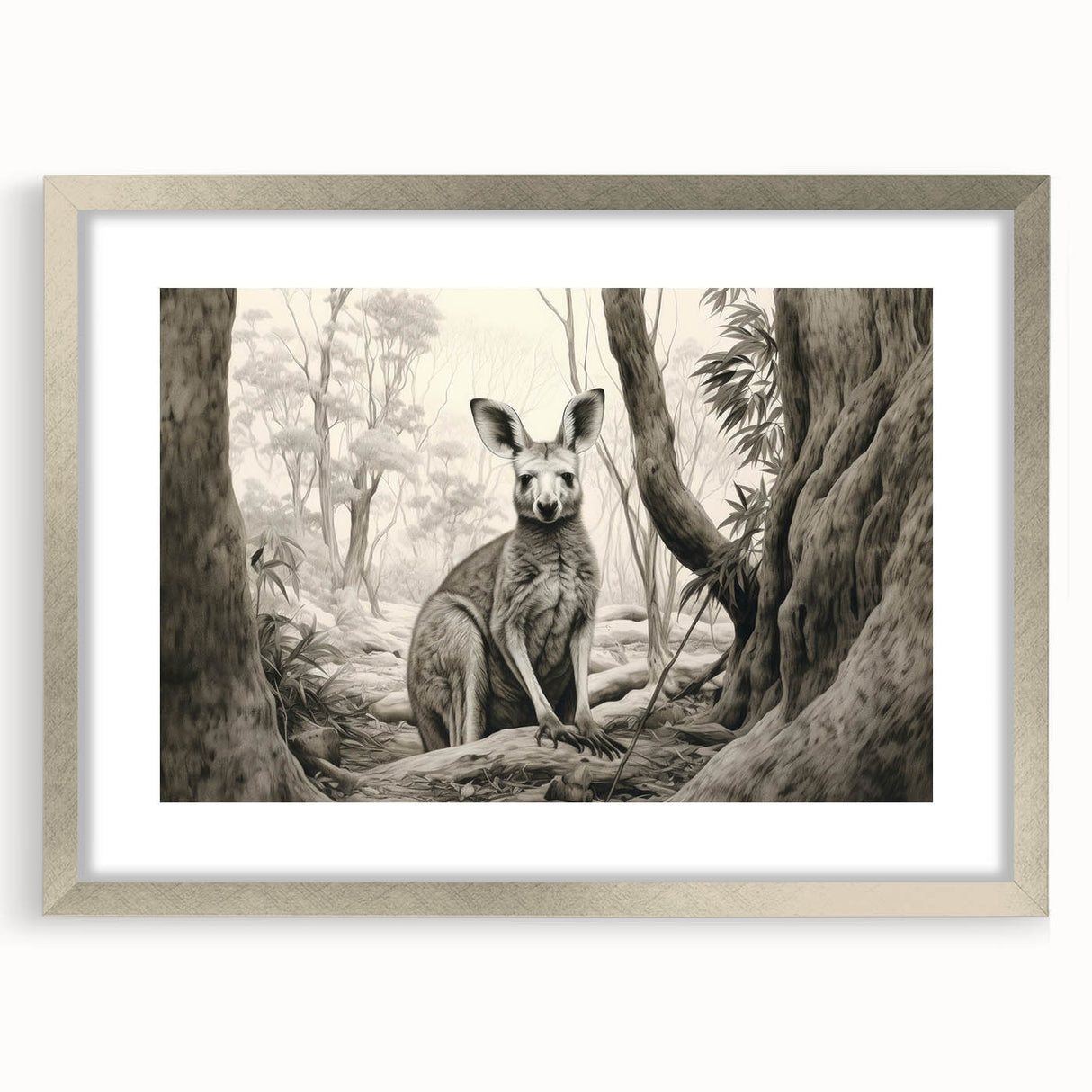 Framed wall art collection featuring a kangaroo design in a silver frame with a white mat, showcasing vibrant colors and intricate details, perfect for wildlife enthusiasts.