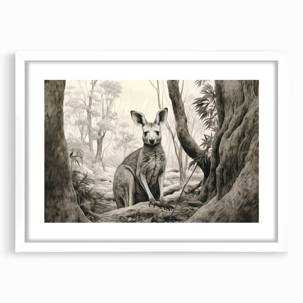 Kangaroo-themed wall art collection framed with a white mat, showcasing a vibrant design ideal for wildlife enthusiasts, perfect for home decor.