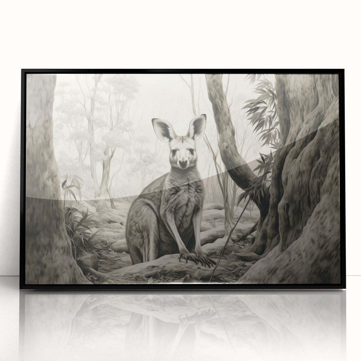 Framed acrylic wall art featuring a kangaroo design from the "Animals A Wild Life" collection, presented in a sleek black frame, ideal for animal-themed decor.