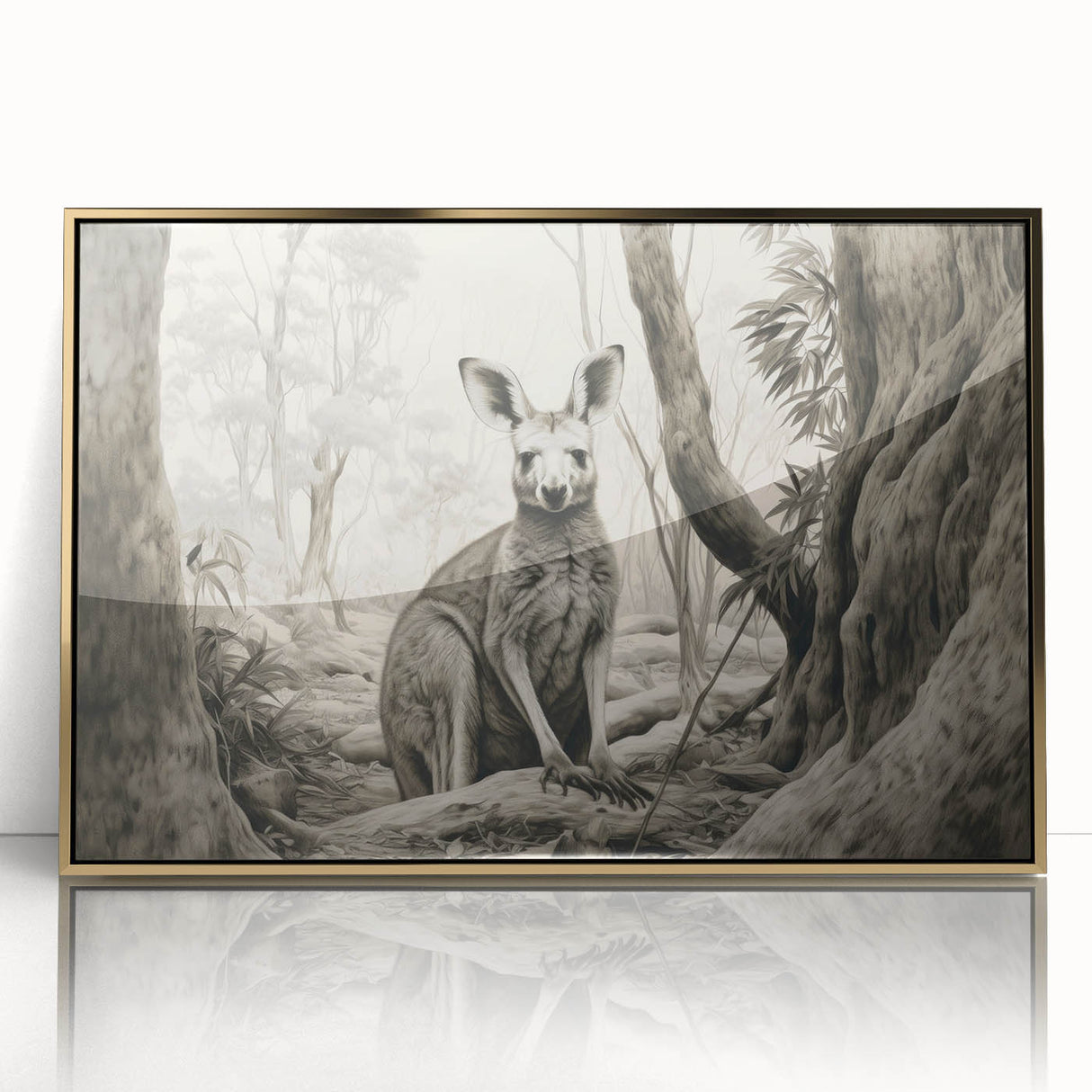 Framed acrylic wall art featuring a vibrant kangaroo design from the "Animals: A Wild Life" collection, showcasing gold accents and a modern aesthetic, perfect for animal lovers.