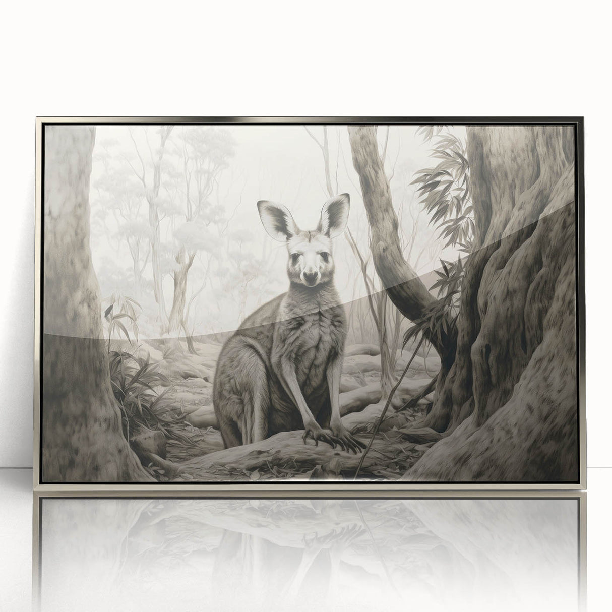 Framed wall art featuring a kangaroo design in a silver-acrylic frame, showcasing vibrant colors and intricate details, perfect for wildlife enthusiasts and home decor.