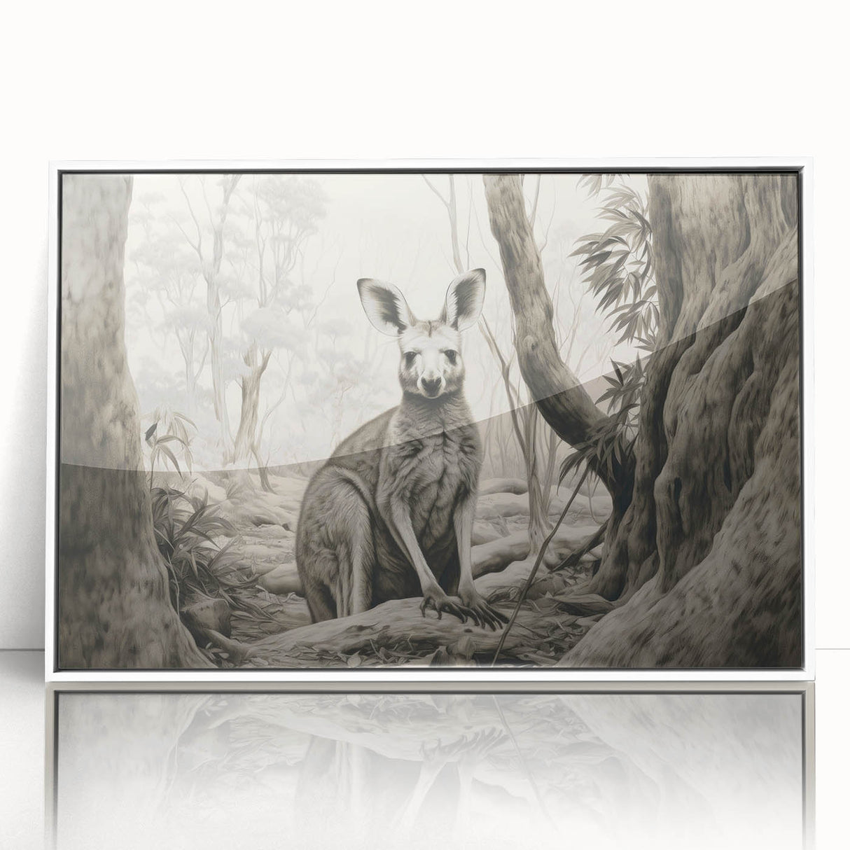 Framed wall art featuring a vibrant kangaroo design from the Animals A Wild Life collection, showcasing a white frame and acrylic front for a modern aesthetic.