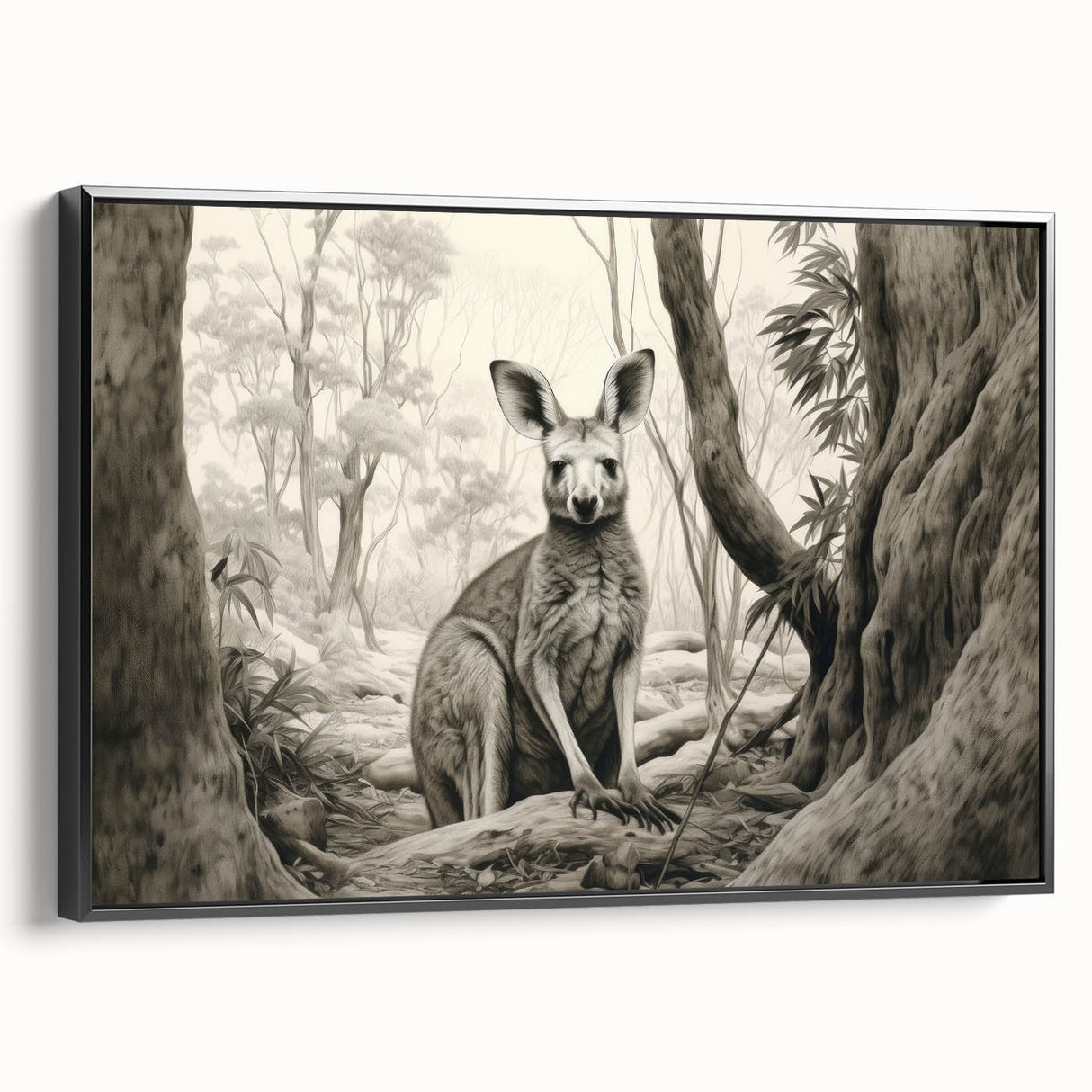 Framed wall art featuring a side view of a kangaroo design in black and white, showcasing intricate details and textures, perfect for animal-themed decor.