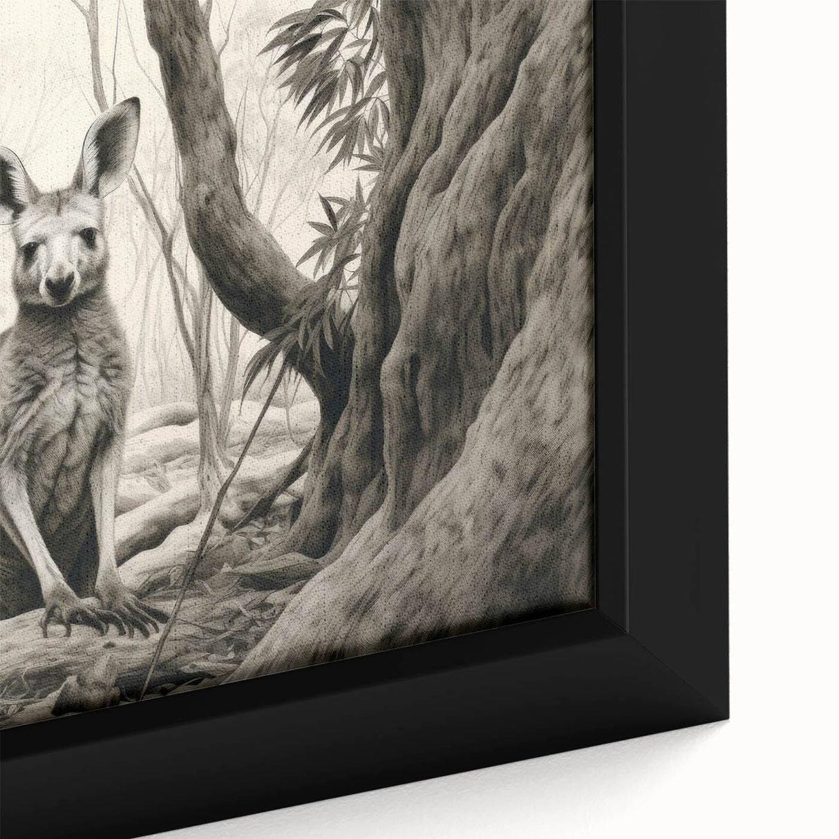 Close-up of an artistic framed canvas wall art featuring a vibrant kangaroo design, showcasing intricate details and textures, perfect for wildlife enthusiasts.