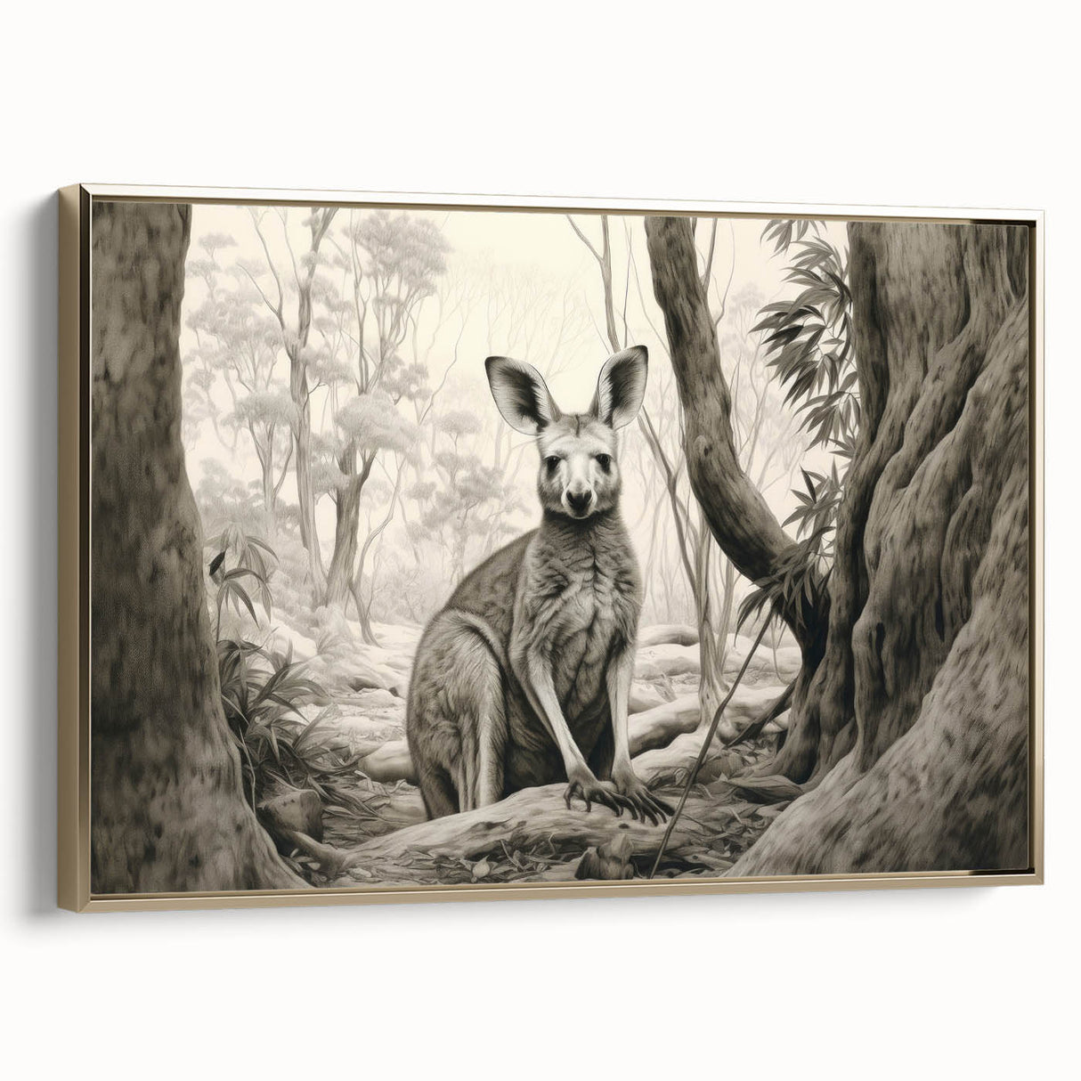 Framed wall art featuring a kangaroo design from the "Animals: A Wild Life" collection, showcasing vibrant colors and gold accents, perfect for animal lovers and home decor enthusiasts.