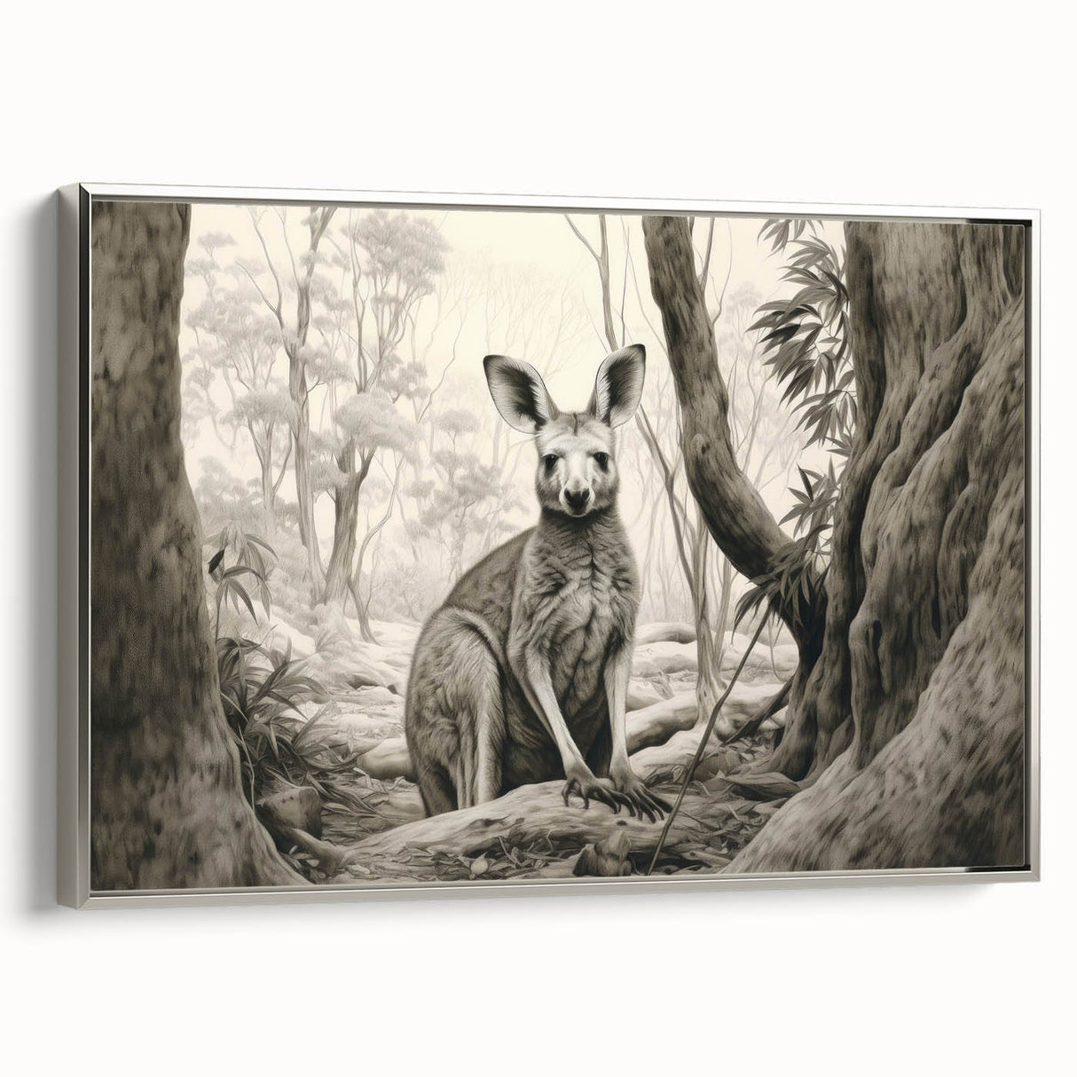 Framed canvas wall art showcasing a sleek silver side view of a kangaroo design, perfect for wildlife enthusiasts and modern decor. Ideal for animal-themed interiors.