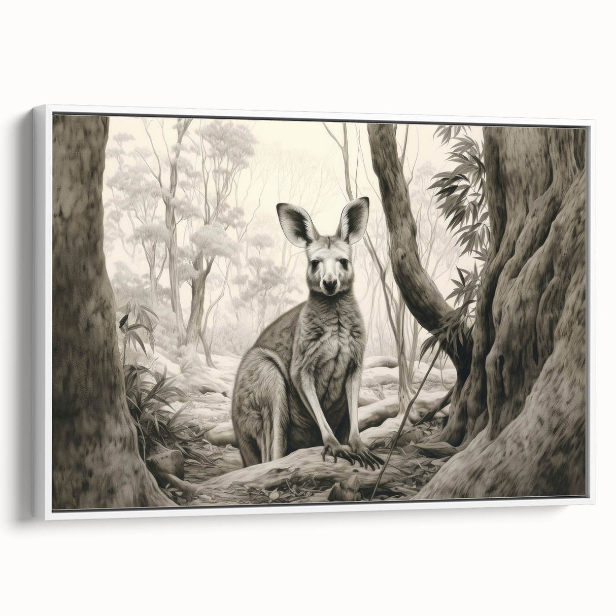 Framed wall art featuring a kangaroo design in a minimalist style, set against a white background, ideal for animal lovers and modern home decor enthusiasts.