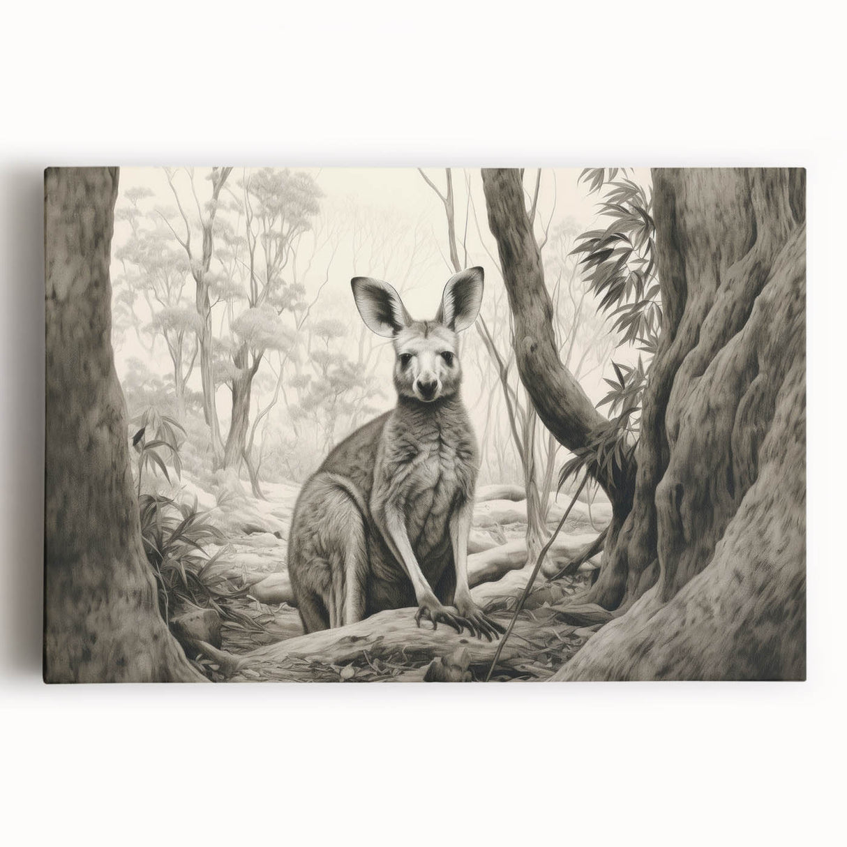 Stretched canvas wall art showcasing a vibrant kangaroo design set against a natural landscape, perfect for animal lovers and home decor enthusiasts. The artwork features rich colors and detailed textures, ideal for adding a unique touch to any room.