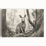 Stretched canvas wall art showcasing a vibrant kangaroo design set against a natural landscape, perfect for animal lovers and home decor enthusiasts. The artwork features rich colors and detailed textures, ideal for adding a unique touch to any room.