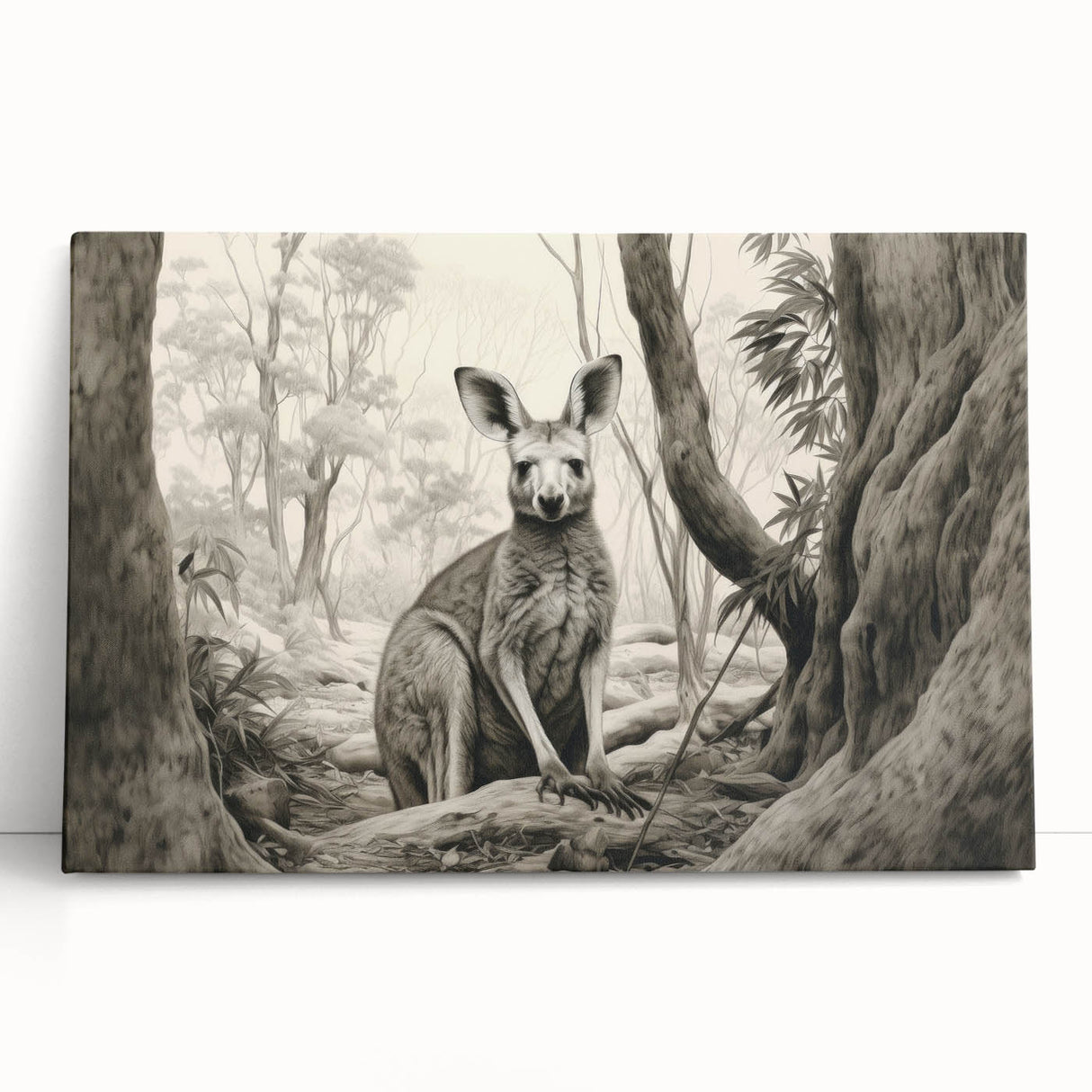 Kangaroo-themed stretched canvas wall art featuring a vibrant design with earthy tones, ideal for animal lovers and home decor enthusiasts, showcasing Australian wildlife.