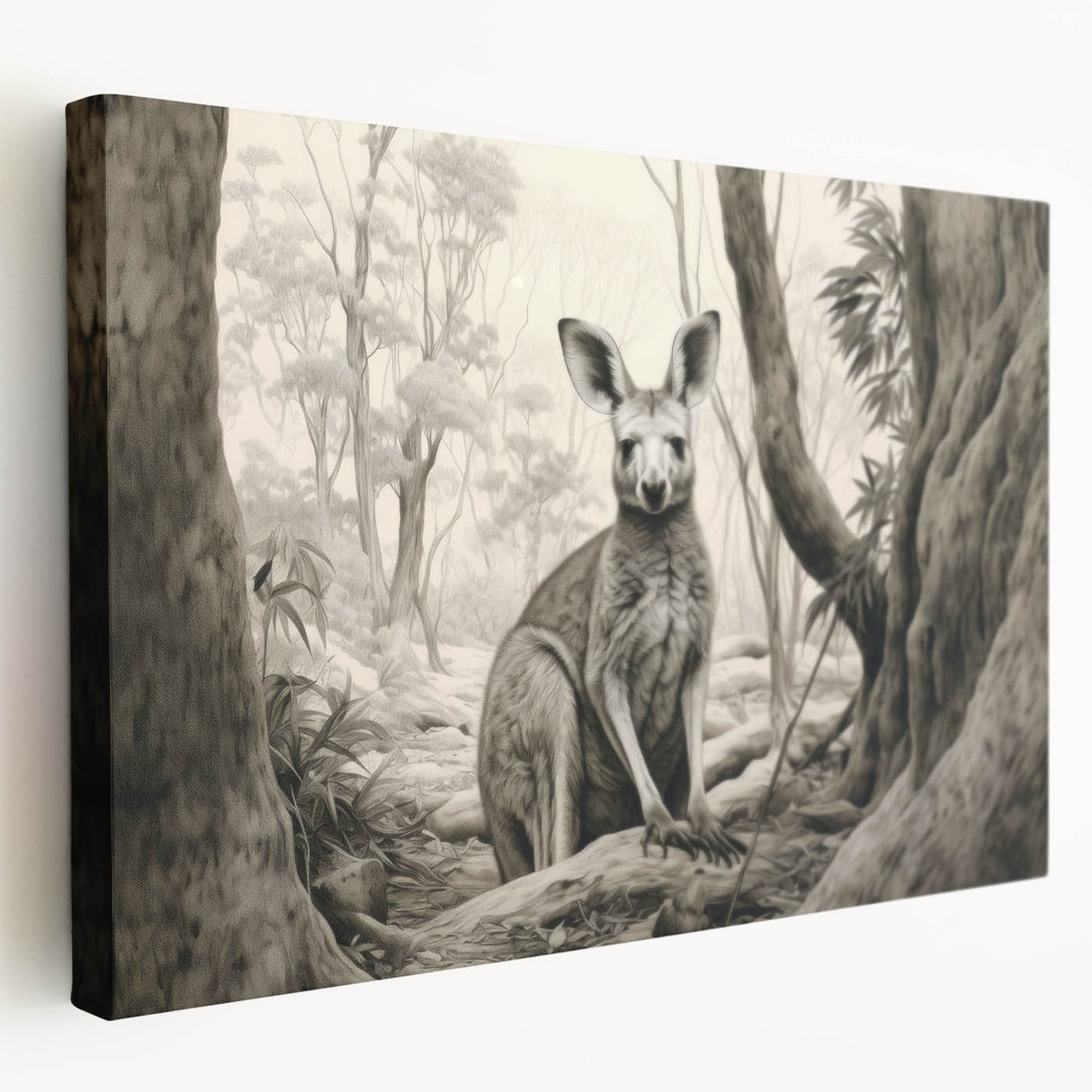 Stretched canvas wall art featuring a side view of a kangaroo, showcasing vibrant colors and intricate details, perfect for wildlife enthusiasts and home decor.