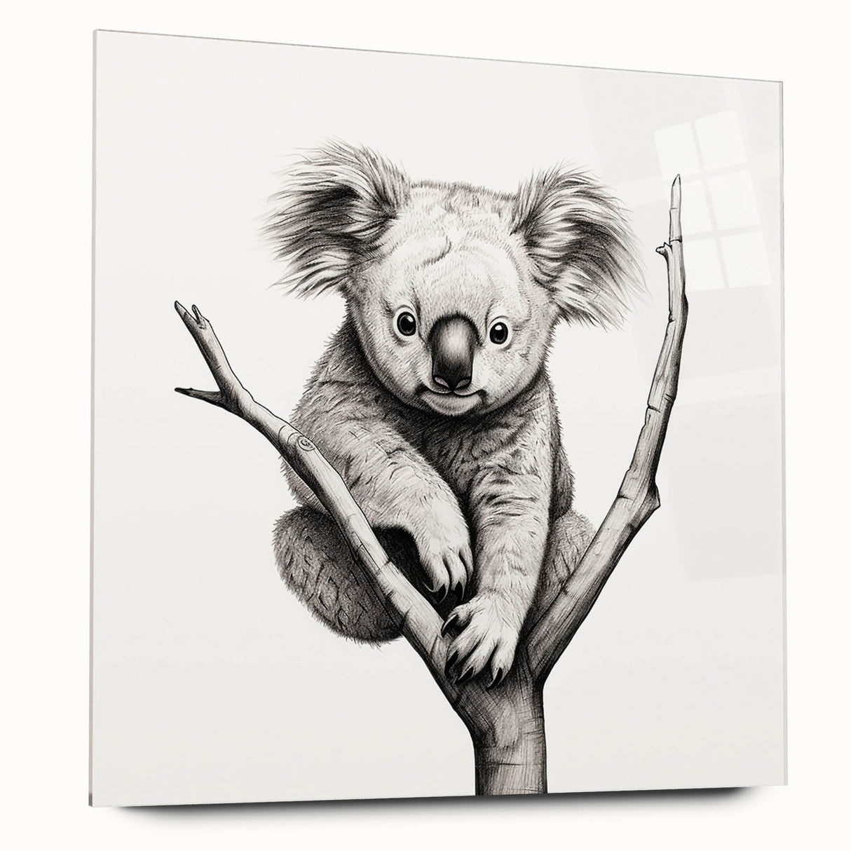 Acrylic glass wall art featuring a vibrant koala design from the "Animals A Wild Life" collection, displayed from a side view, showcasing its glossy finish and animal-inspired motif. Perfect for nature enthusiasts and modern decor.