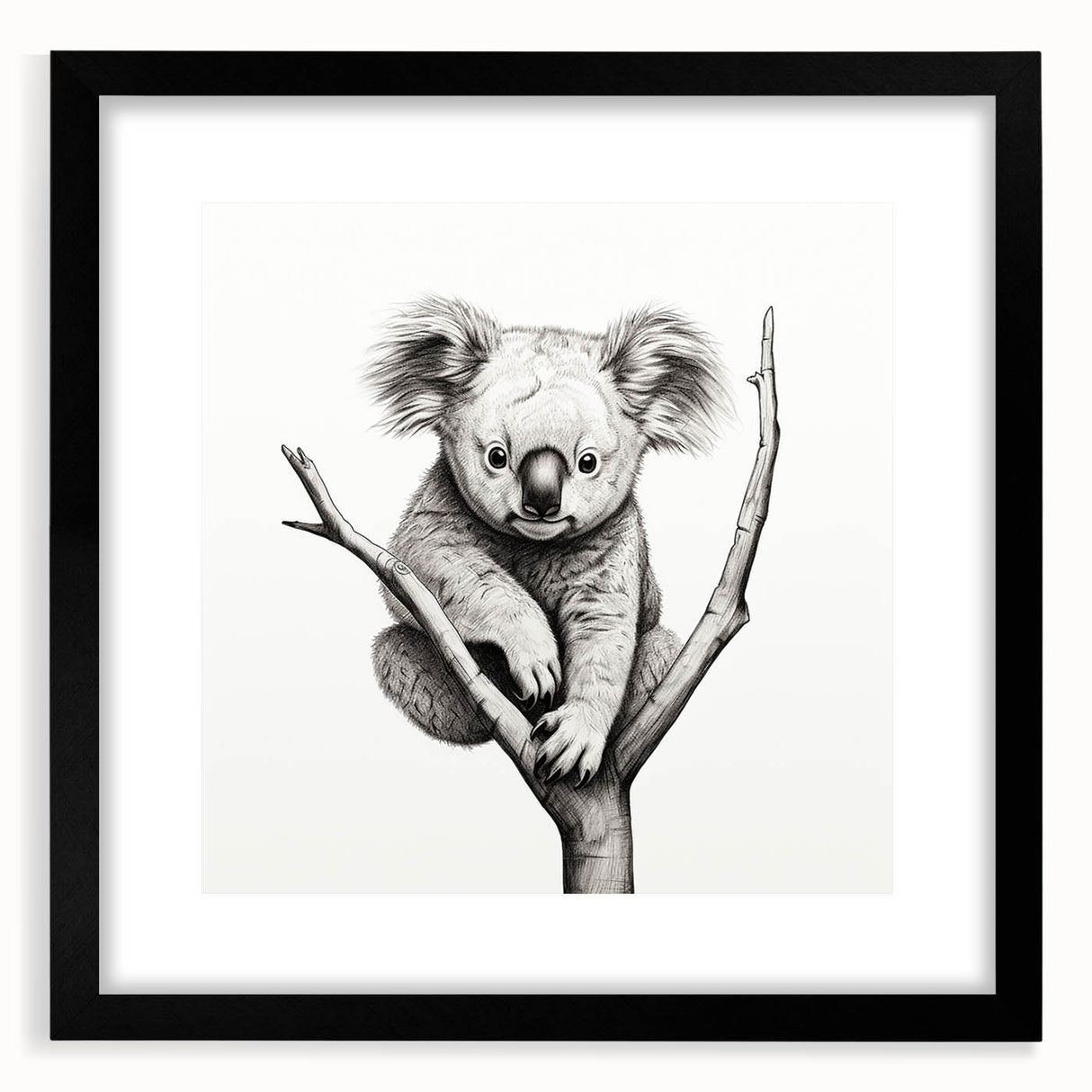 Black-framed wall art featuring a detailed koala design, showcasing vibrant colors and intricate patterns, perfect for nature lovers and modern decor.