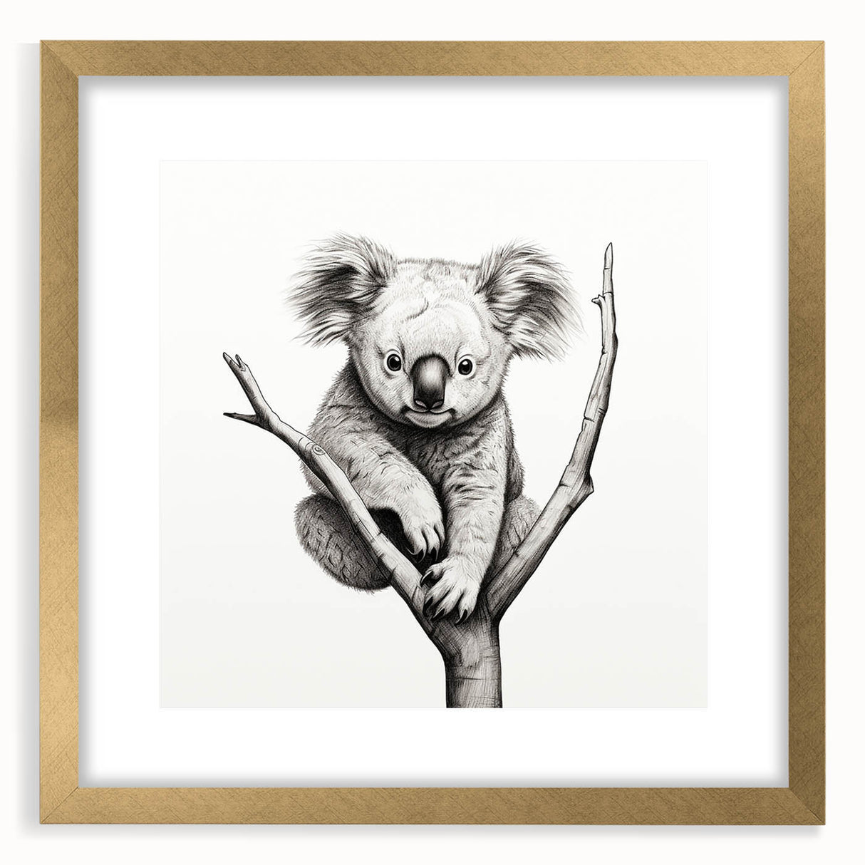 Koala-themed wall art design featuring a framed print with matting and a gold frame, showcasing a detailed illustration of a koala in its natural habitat. Perfect for animal lovers and home decor enthusiasts, this artwork adds a touch of nature to any space.