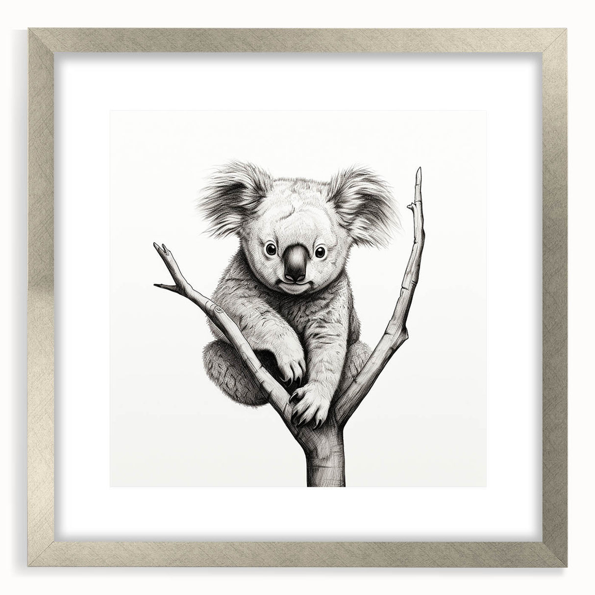 Framed wall art featuring a detailed koala illustration in vibrant colors, set in a sleek silver frame with a white mat, ideal for nature-themed decor.