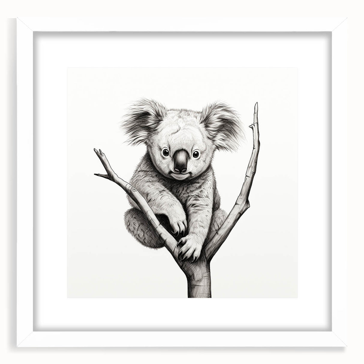 Koala-themed wall art framed with a white mat, showcasing a detailed illustration of a koala in its natural habitat, perfect for animal lovers and home decor enthusiasts.