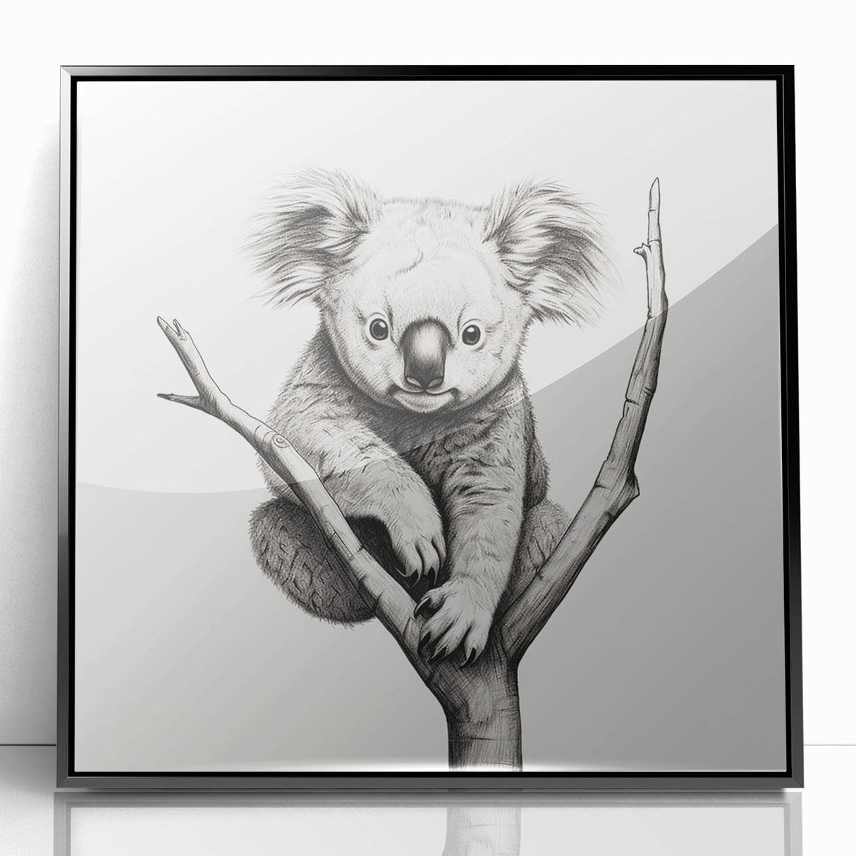 Framed acrylic wall art featuring a koala design, set against a black background, showcasing vibrant colors and intricate details, perfect for wildlife enthusiasts.