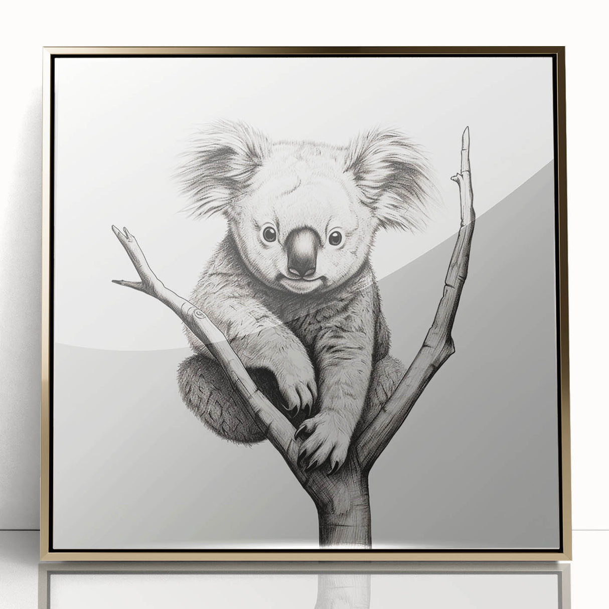 Framed wall art featuring a stunning koala design, showcasing intricate details and vibrant colors, mounted in gold acrylic for a modern touch. Perfect for animal lovers and contemporary decor enthusiasts.