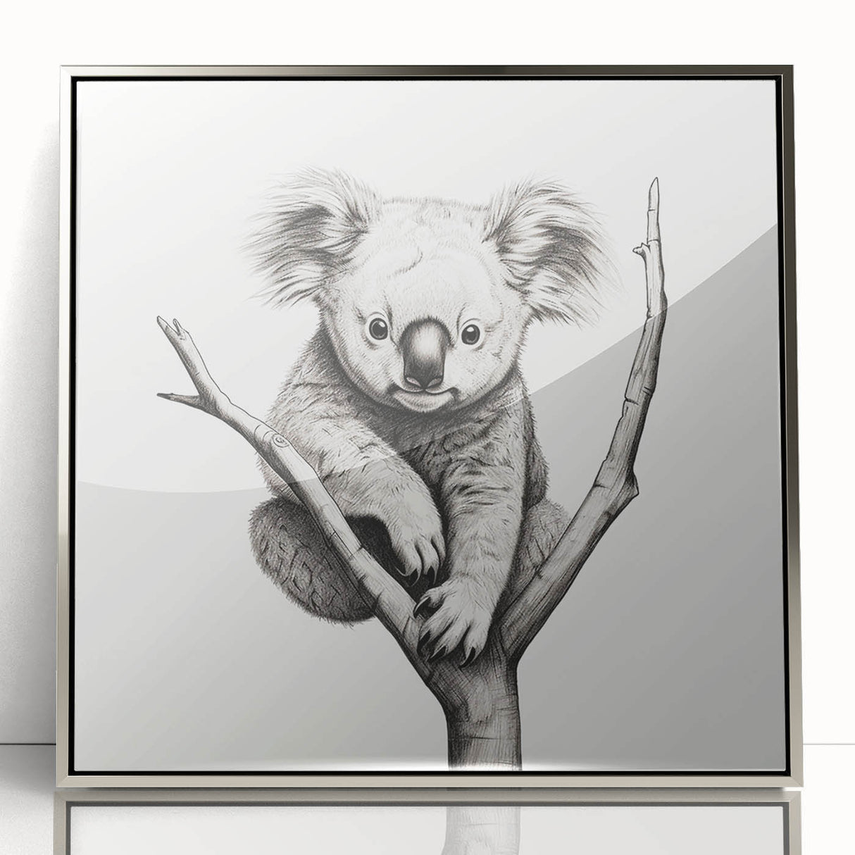 Framed wall art featuring a serene koala design in a silver-acrylic finish, showcasing vibrant colors and intricate details, perfect for wildlife enthusiasts.