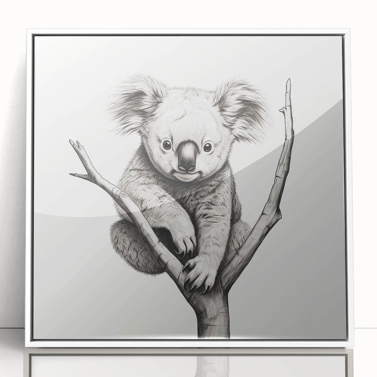 Framed wall art featuring a whimsical koala design, set in a sleek white frame with acrylic glass. Perfect for nature-themed decor, showcasing vibrant colors and playful details that capture the essence of Australian wildlife. Ideal for animal lovers and modern home aesthetics.