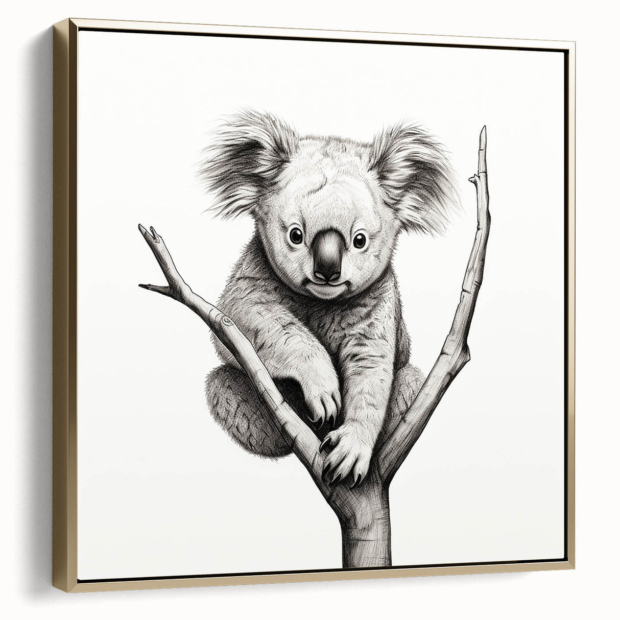 Framed canvas wall art showcasing a detailed koala design on a vibrant background, featuring a gold frame that enhances the artwork’s elegance. Ideal for animal lovers and home decor enthusiasts.