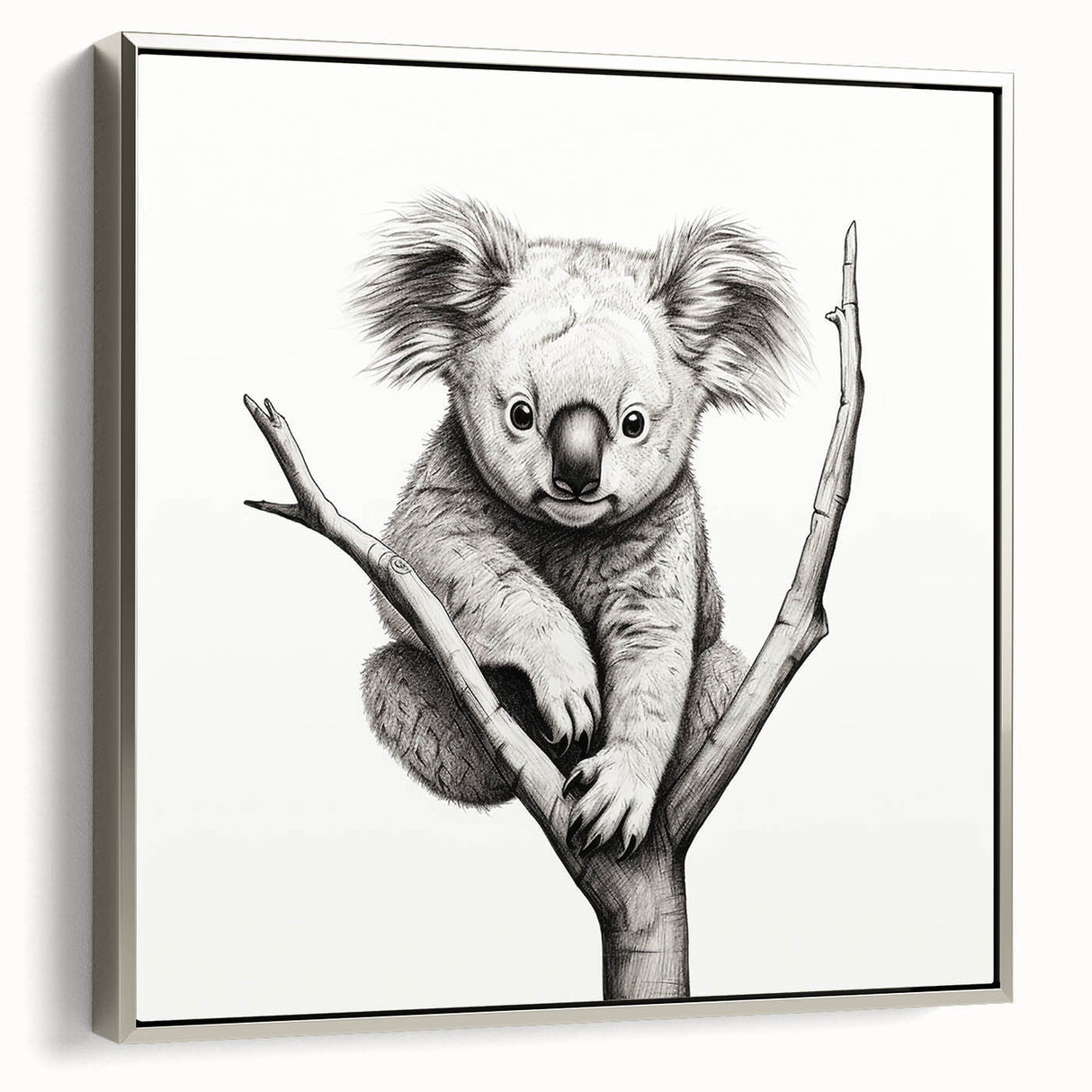 Framed canvas wall art featuring a serene koala design, showcasing intricate details and a silver frame, perfect for nature enthusiasts and home decor.