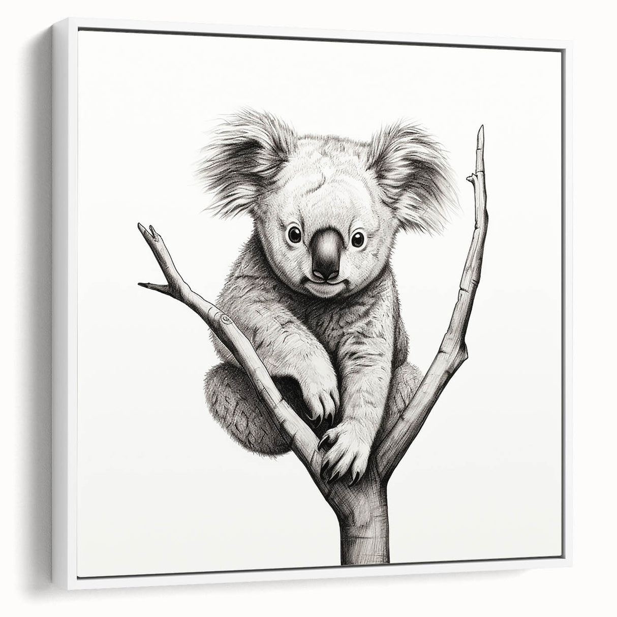 Framed wall art featuring a detailed koala design in vibrant colors, ideal for wildlife enthusiasts, showcased against a white backdrop for a modern aesthetic.