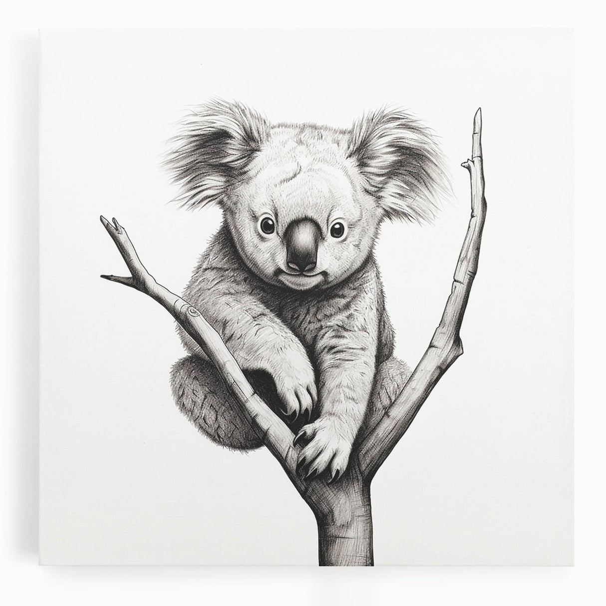 Close-up of a stretched canvas featuring a vibrant koala design in a natural setting, perfect for wildlife-themed decor, showcasing detailed artwork and rich colors.