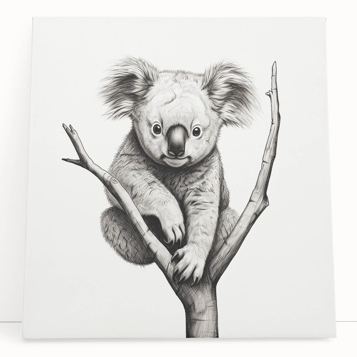 Close-up of a stretched canvas featuring a vibrant koala design, showcasing lush green eucalyptus leaves, perfect for wildlife-themed decor. Ideal for animal lovers.