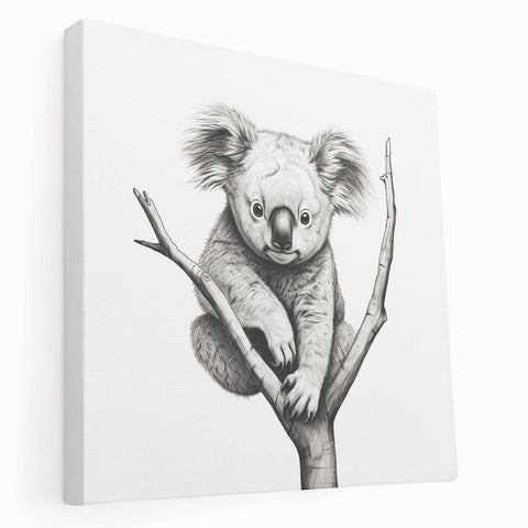 Side view of a stretched canvas wall art featuring a playful koala design, showcasing vibrant colors and intricate details, perfect for animal lovers and home decor enthusiasts.