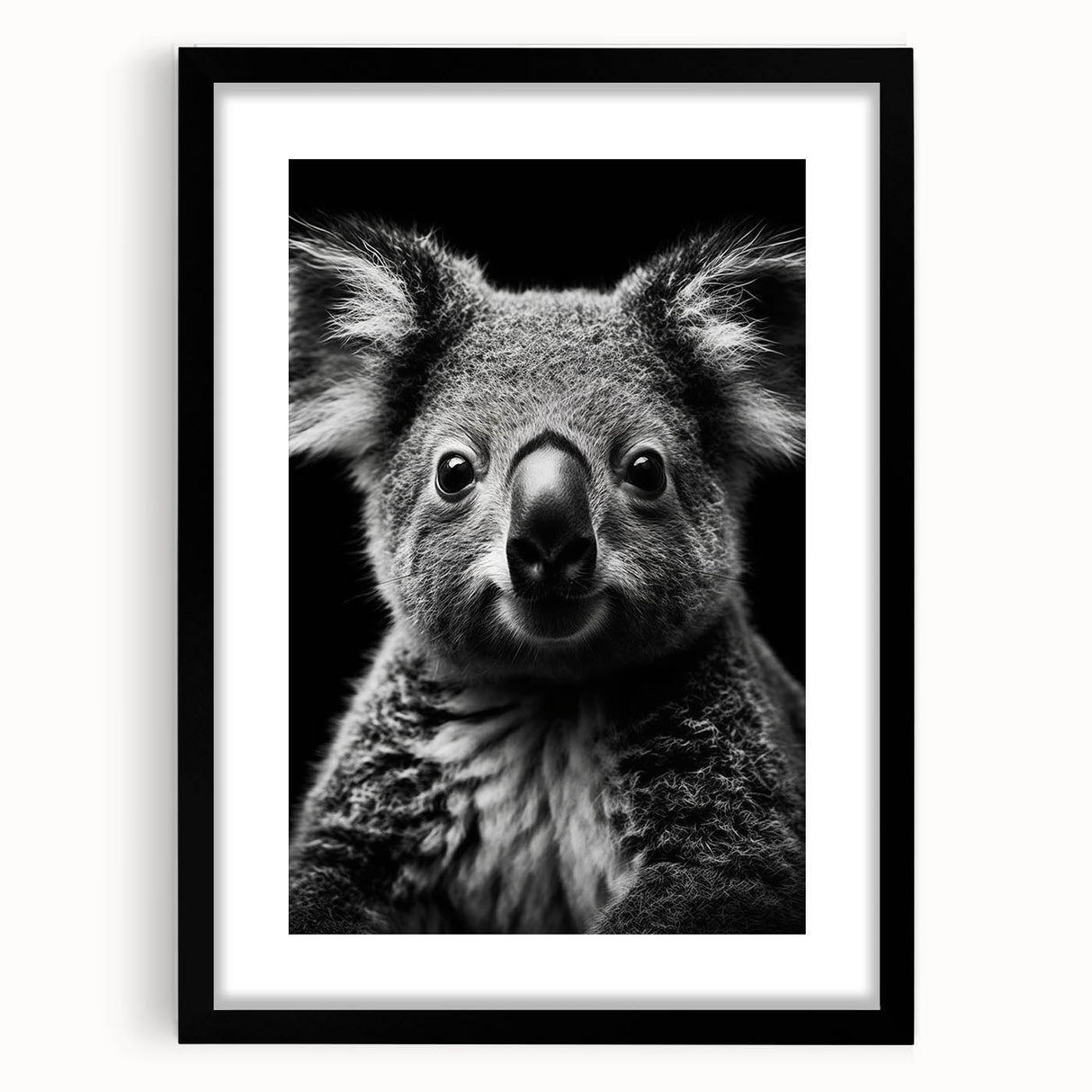 Koala wall art design featuring a vibrant illustration of a koala in its natural habitat, framed in sleek black with a white mat, perfect for wildlife enthusiasts.