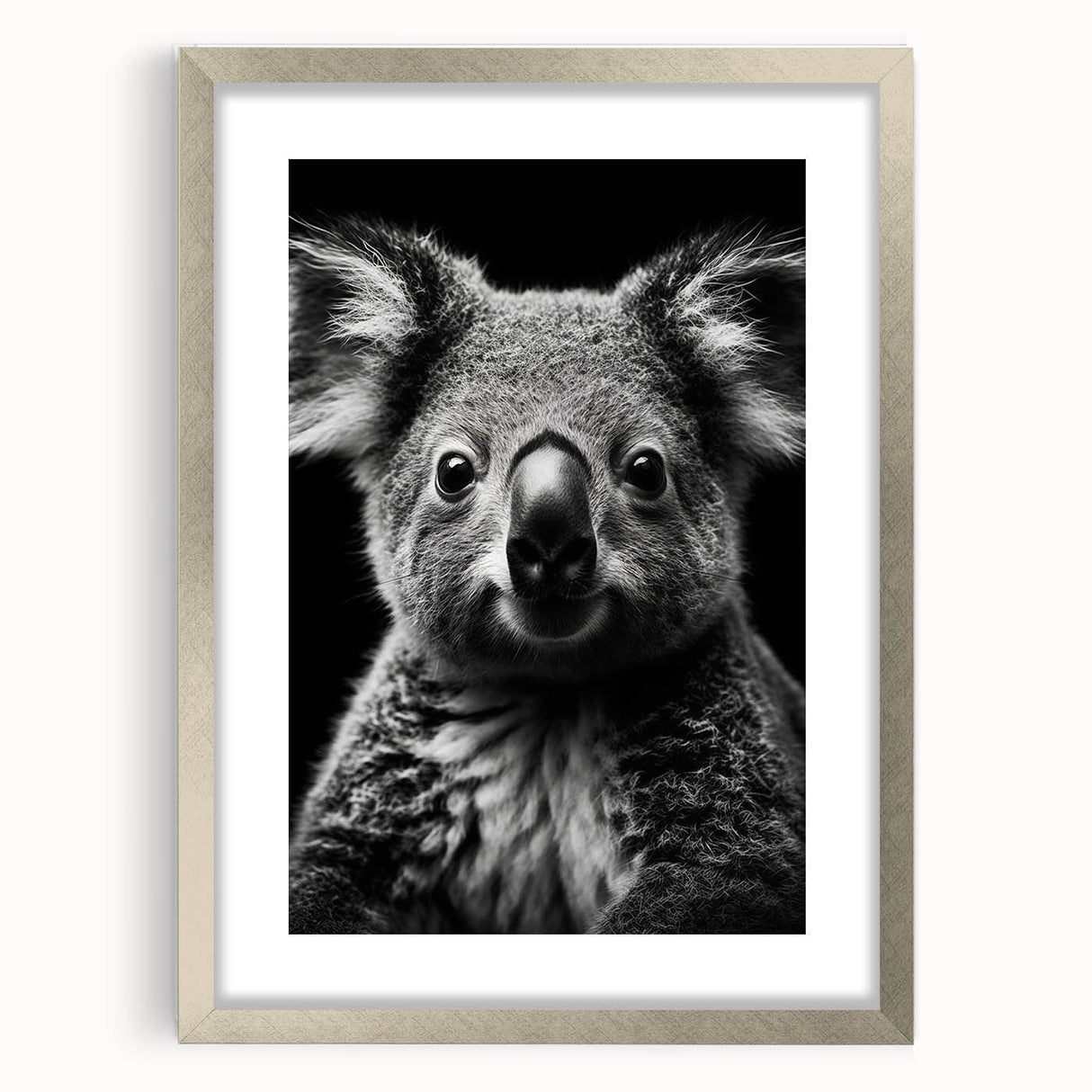 Framed wall art collection featuring a silver mat and a detailed koala design, showcasing vibrant colors and a playful aesthetic ideal for animal lovers.