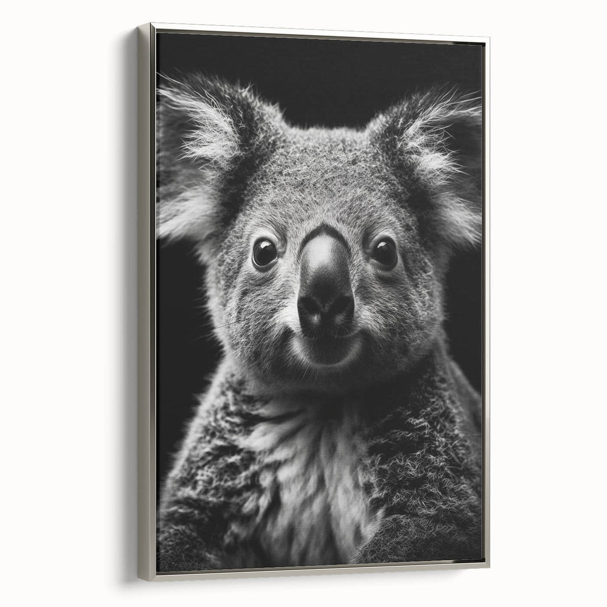 Framed canvas wall art showcasing a serene koala design in natural colors, set against a silver frame, perfect for wildlife-themed decor in modern interiors.