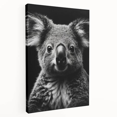 Stretched canvas wall art featuring a serene koala design, showcasing soft gray and green tones, ideal for nature-themed decor in homes or offices.