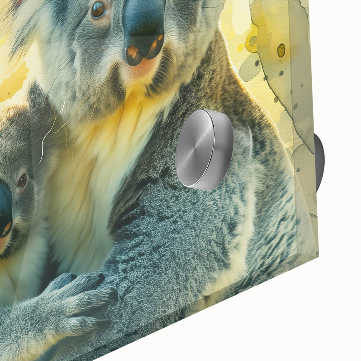 Close-up of a vibrant koala wall art design showcasing intricate details, featuring a colorful acrylic glass finish, perfect for wildlife enthusiasts and modern home decor.