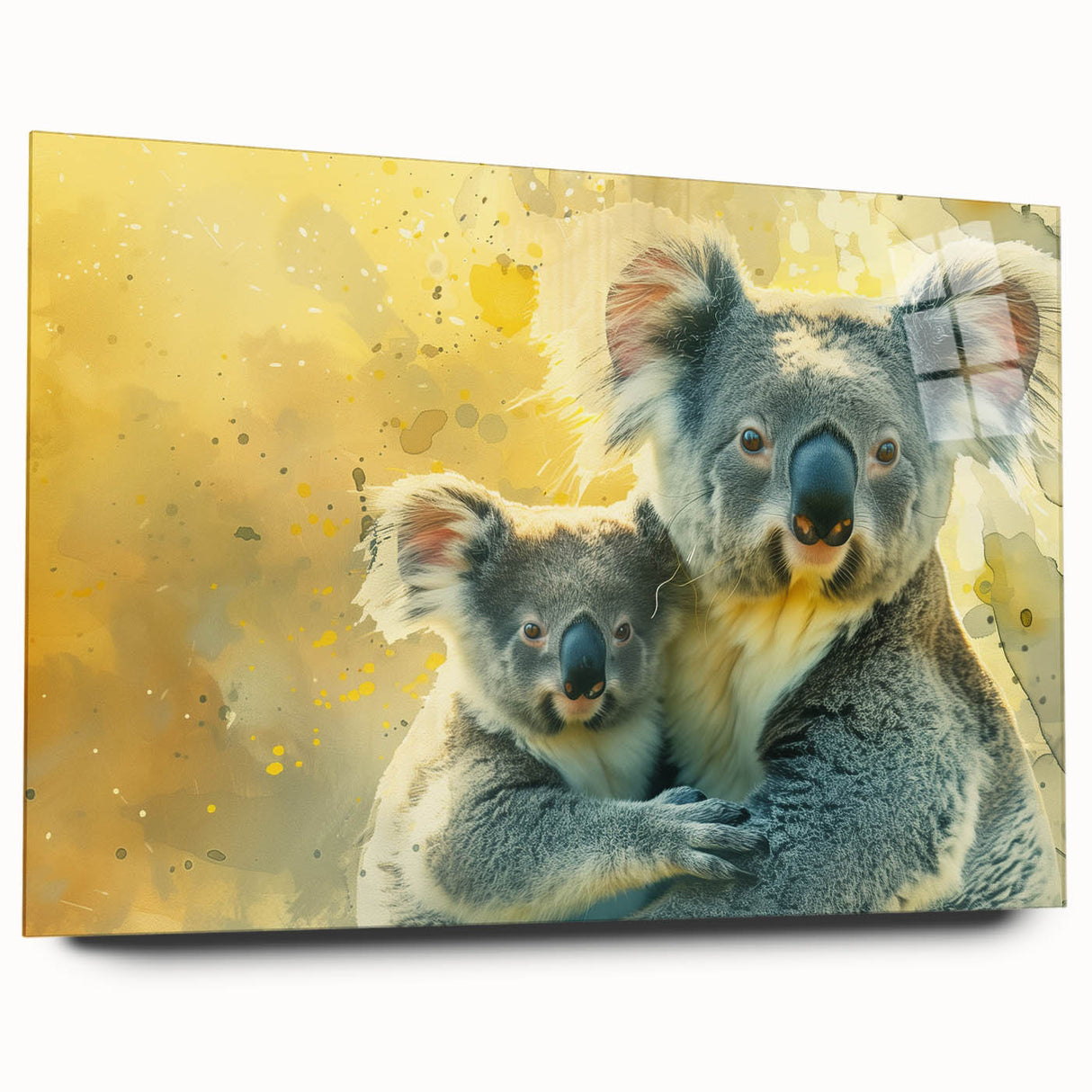 Side view of a koala wall art collection displayed in acrylic glass, showcasing a vibrant, nature-inspired design with soft colors, perfect for wildlife enthusiasts.