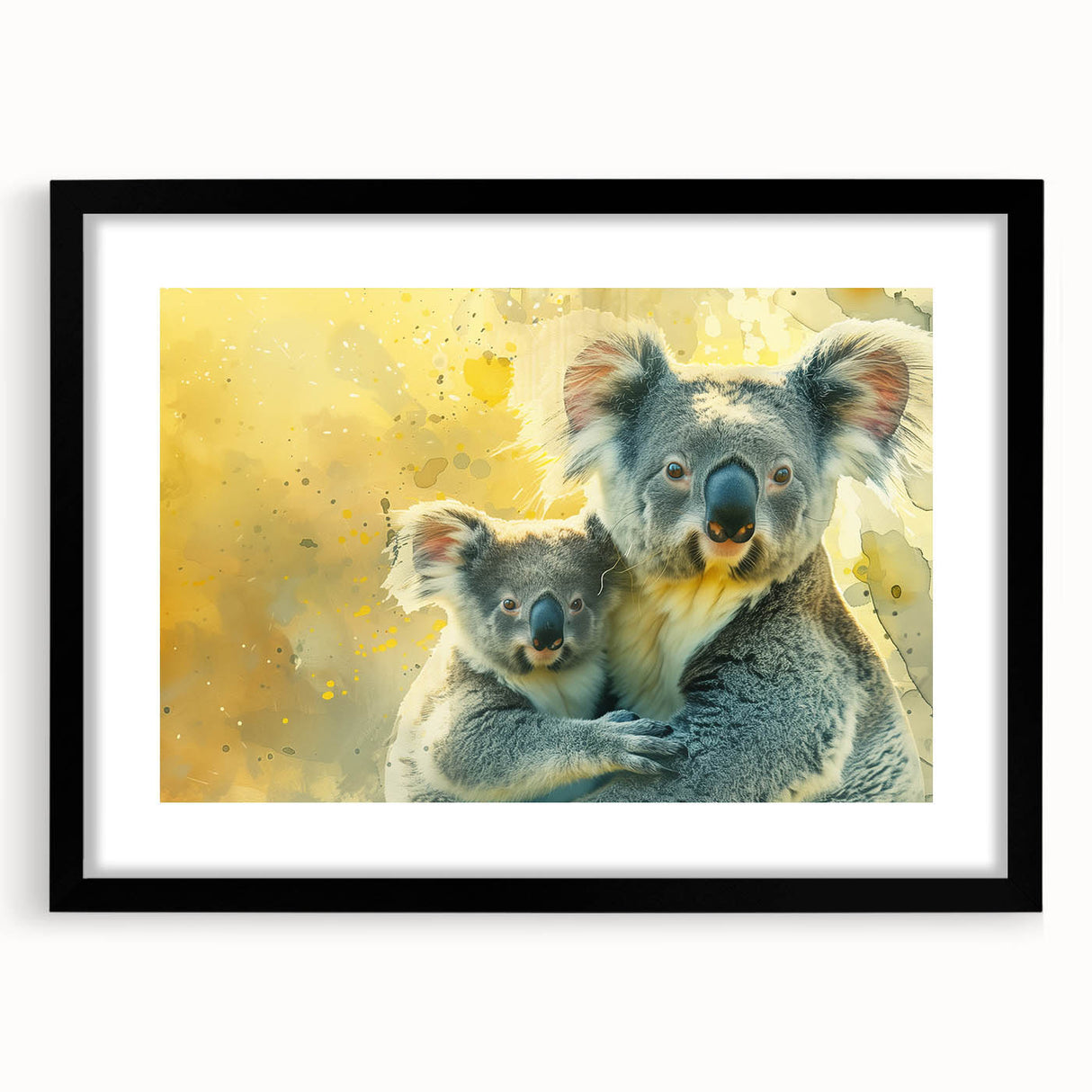 Framed wall art featuring a stylish koala design on a black mat, showcasing a modern wildlife theme perfect for home decor. Ideal for animal lovers and nature enthusiasts.