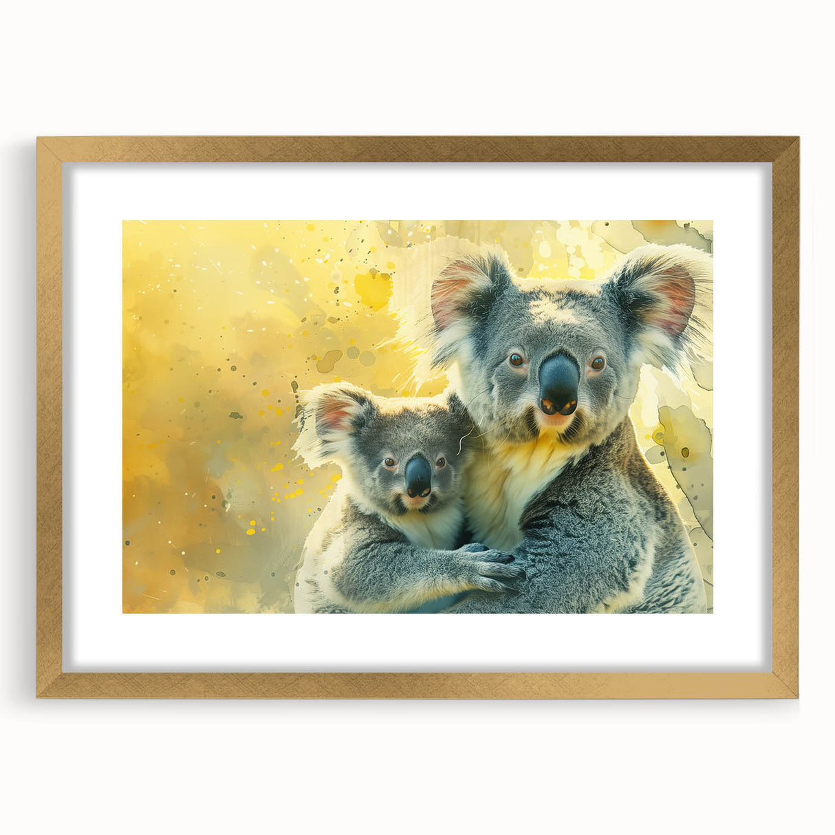 Koala wall art design in a gold frame, showcasing a vibrant illustration of a koala among eucalyptus leaves, perfect for wildlife lovers' home decor.