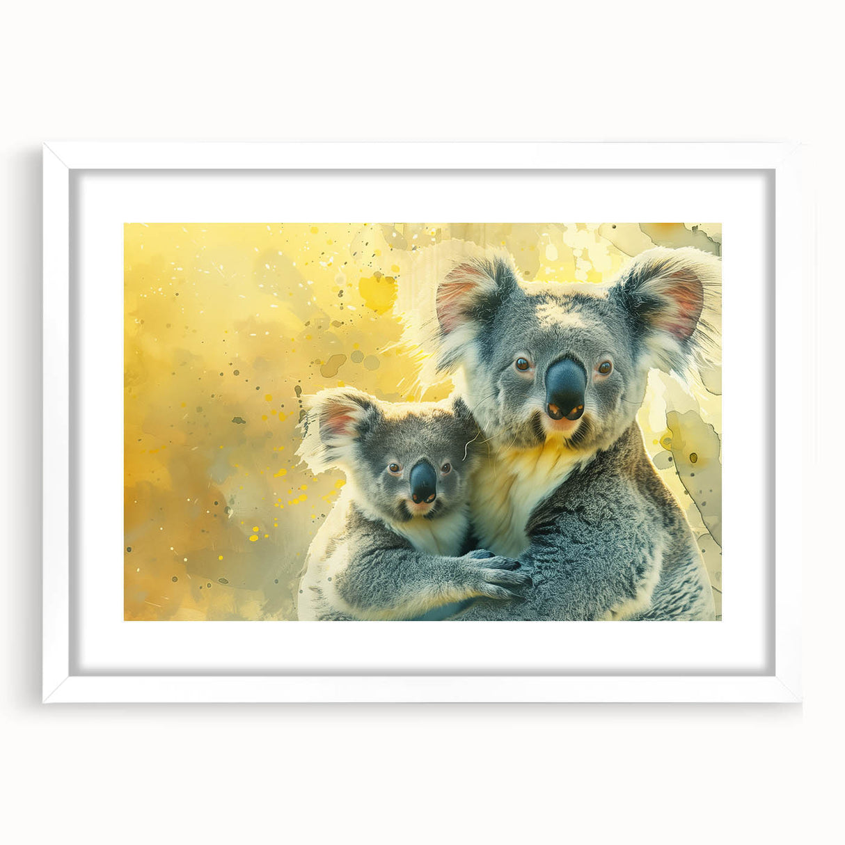 Framed wall art showcasing a serene koala design in a white mat, perfect for animal lovers. The artwork adds a touch of nature to any room, enhancing decor with its calming imagery.