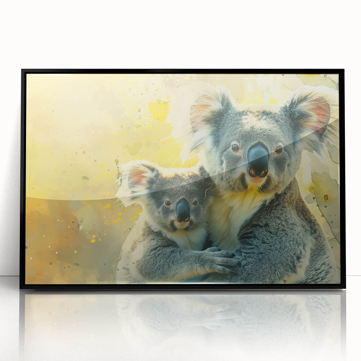 Framed wall art showcasing a vibrant koala design in a black acrylic frame, perfect for animal lovers and nature-themed home decor. Ideal for adding a touch of wildlife charm to any room.