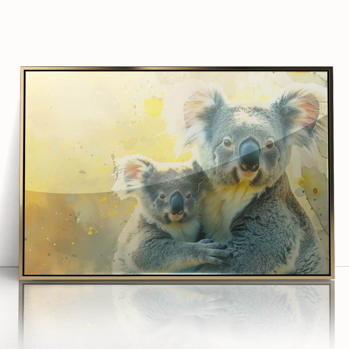 Framed wall art showcasing a realistic koala design in a vibrant, colorful style with a gold-accented frame, perfect for animal lovers and home decor enthusiasts.